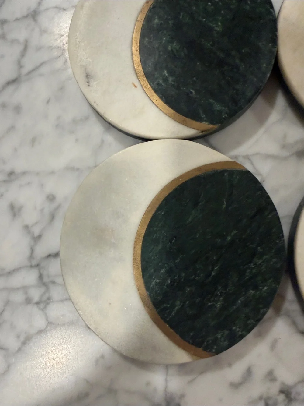 Elegant Green and Cream Marble Coaster Set with Gold Accent